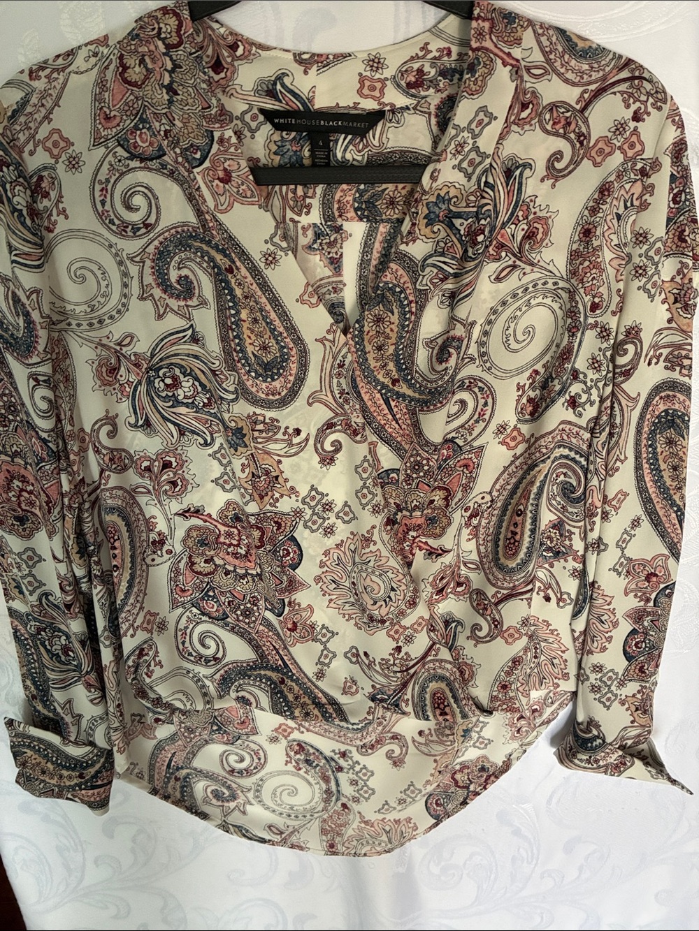 White House Black Market Cream Paisley Blouse with Red and Blue Accents
